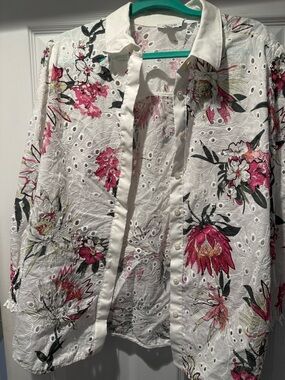 Chico's White Eyelet Button-Down Shirt with Pink Floral Print